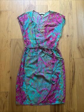 Presley Skye pink and aqua snakeskin print silk wrap dress size petite small.